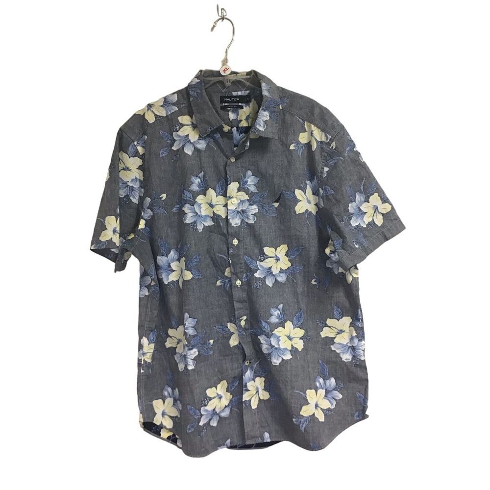 Nautica Gray Floral Short Sleeve Button Up Men's Size XL